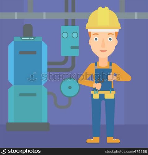 A female repairer engineer with a spanner in hand showing thumb up sign on a background of domestic household boiler room with heating system and pipes vector flat design illustration. Square layout.. Cheerful repairer with spanner.