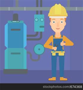 A female repairer engineer with a spanner in hand showing thumb up sign on a background of domestic household boiler room with heating system and pipes vector flat design illustration. Square layout.. Cheerful repairer with spanner.
