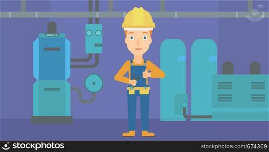 A female repairer engineer with a spanner in hand showing thumb up sign on a background of domestic household boiler room with heating system and pipes vector flat design illustration. Horizontal layout.. Cheerful repairer with spanner.