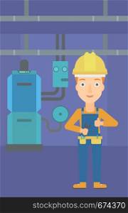 A female repairer engineer with a spanner in hand showing thumb up sign on a background of domestic household boiler room with heating system and pipes vector flat design illustration. Vertical layout.. Cheerful repairer with spanner.