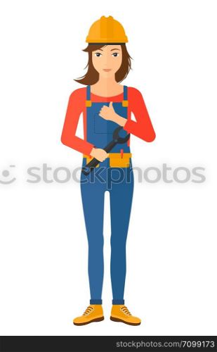 A female repairer engineer with a spanner in hand showing thumb up sign vector flat design illustration isolated on white background. Vertical layout.. Cheerful repairer with spanner.