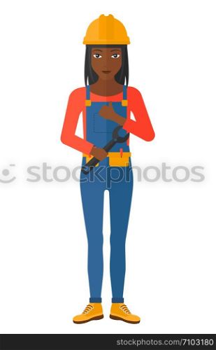 A female repairer engineer with a spanner in hand showing thumb up sign vector flat design illustration isolated on white background. . Cheerful repairer with spanner.