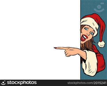 A female Santa Claus points to an empty space for a poster. Christmas and New Year. Winter seasonal holiday. Comic cartoon hand drawing retro vintage. A female Santa Claus points to an empty space for a poster. Christmas and New Year. Winter seasonal holiday