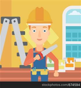 A female worker holding a saw in hand on a background of room with paint cans and ladder vector flat design illustration. Square layout.. Smiling worker with saw.