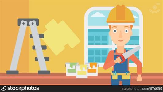A female worker holding a saw in hand on a background of room with paint cans and ladder vector flat design illustration. Horizontal layout.. Smiling worker with saw.