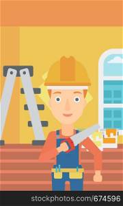 A female worker holding a saw in hand on a background of room with paint cans and ladder vector flat design illustration. Vertical layout.. Smiling worker with saw.