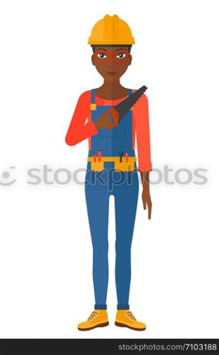 A female worker holding a saw in hand vector flat design illustration isolated on white background. . Smiling worker with saw.