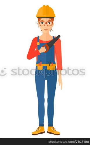 A female worker holding a saw in hand vector flat design illustration isolated on white background. Vertical layout.. Smiling worker with saw.