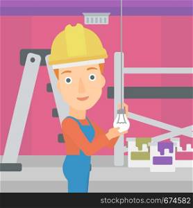 A female worker twisting a light bulb on a background of room with paint cans and ladder vector flat design illustration isolated on white background. Square layout.. Electrician twisting light bulb.