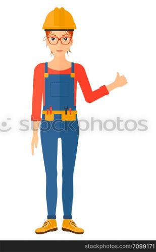 A female young builder in helmet showing thumbs up sign vector flat design illustration isolated on white background. Vertical layout.. Builder showing thumbs up.