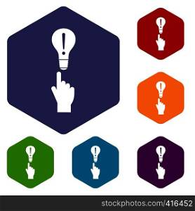 A finger pointer and light bulb icons set rhombus in different colors isolated on white background. A finger pointer and light bulb icons set