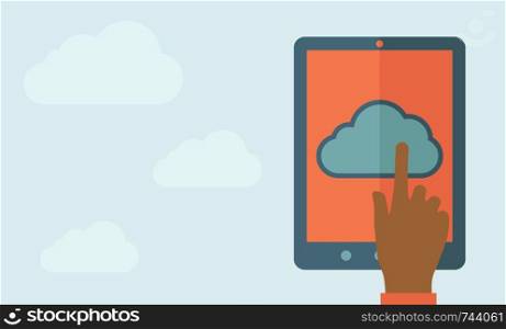 A finger touching cloud on a tablet touch screen. Cloud computing concept. A Contemporary style with pastel palette, soft blue tinted background with desaturated clouds. Vector flat design illustration. Horizontal layout. . Finger touching cloud.