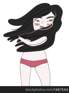 A flat vector cartoon illustration of a brunette girl with long hair blown by tempered winds wearing red pants standing full-face. Windy girl 1