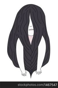 A flat vector cartoon illustration of a brunette girl with long hair breaded in front of face. Braided brunette girl