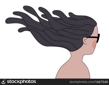 A flat vector cartoon illustration of a naked brunette girl with long hair blown by tempered winds wearing sunglasses from the back. Windy girl 3