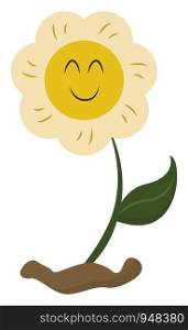 A flower grown above the soil is with brown florets, a cute little face on the yellow circular disc, vector, color drawing or illustration.