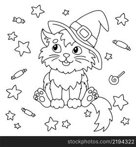 A fluffy cat in a witch hat sits and looks at candies and stars. Halloween theme. Coloring book page for kids. Cartoon style. Vector illustration isolated on white background.