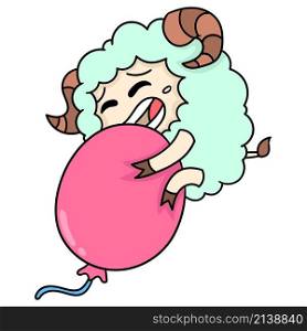 a fluffy sheep with a happy face hugging a balloon