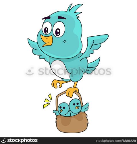 a flying bird is carrying its young. cartoon illustration sticker emoticon