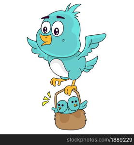 a flying bird is carrying its young. cartoon illustration sticker emoticon