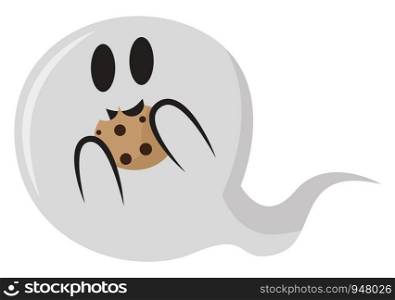 A flying ghost in round shape which is eating cookies , vector, color drawing or illustration.