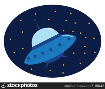A flying saucer in the space with lot of stars in the sky , vector, color drawing or illustration.