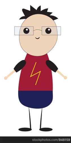 A foolish boy, in a flash of lightning, printed red shirt and blue trousers wear a pair of rectangular glasses smiles with his hands wide open while standing, vector, color drawing or illustration.