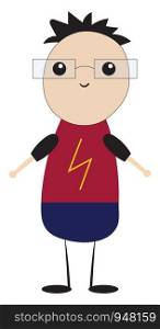 A foolish boy, in a flash of lightning, printed red shirt and blue trousers wear a pair of rectangular glasses smiles with his hands wide open while standing, vector, color drawing or illustration.