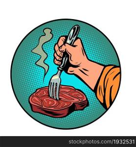 a fork in a meat steak. The finished dish. rustic food comic cartoon illustration vintage hand drawing. a fork in a meat steak. The finished dish. rustic food