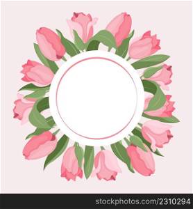 A frame of tulips and leaves. Suitable for postcards and invitations. Vector