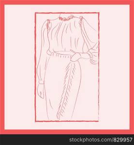 A framed picture of a lady wearing a pink gown with full sleeves turtle neck and frill detail on the neck and shoulder area vector color drawing or illustration
