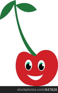 A fresh red cherry fruit with long green stem vector color drawing or illustration