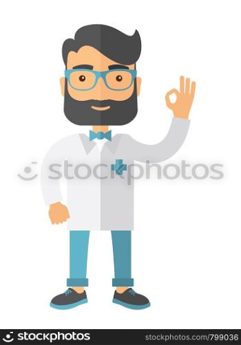 A friendly caucasian Doctor shows sign all ok. A Contemporary style. Vector flat design illustration isolated white background. Vertical layout.. Friendly Doctor character shows sign all ok