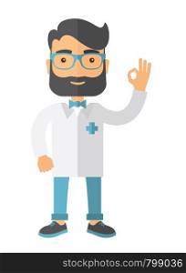 A friendly caucasian Doctor shows sign all ok. A Contemporary style. Vector flat design illustration isolated white background. Vertical layout.. Friendly Doctor character shows sign all ok