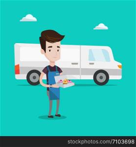 A friendly delivery man holding a box of cakes. A baker delivering cakes. Young man with cupcakes standing on the background of delivery truck. Vector flat design illustration. Square layout.. Baker delivering cakes vector illustration.