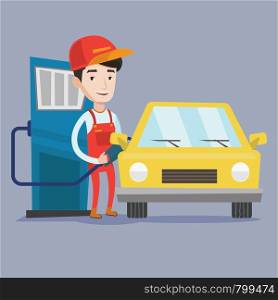 A friendly worker filling up fuel into the car. Smiling worker in workwear at the gas station. Gas station worker refueling a car. Vector flat design illustration. Square layout.. Worker filling up fuel into car.