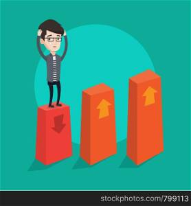 A frightened bankrupt clutching his head. Young bankrupt standing on chart going down. Concept of business bankruptcy. Vector flat design illustration. Square layout.. Bankrupt on chart going down vector illustration.