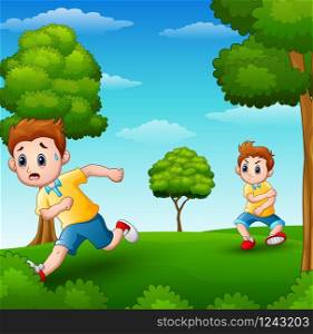 A frightened kid running because disturbed naughty child in the garden
