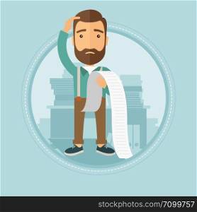 A frightened young caucasian hipster businessman with the beard holding a long bill in office. Concept of business bankruptcy. Vector flat design illustration in the circle isolated on background.. Businessman holding long bill vector illustration.
