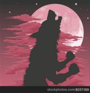 A frightening werewolf silhouette howling at the moon. Halloween illustration.