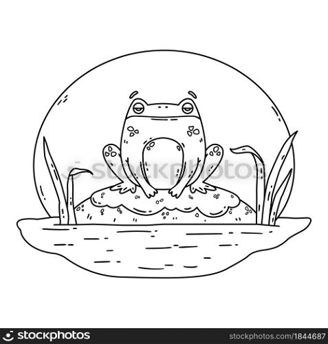 A frog in a swamp. Toad sits on a rock. Cute flat hand drawn character. Vector illustration isolated on white background. Coloring page.