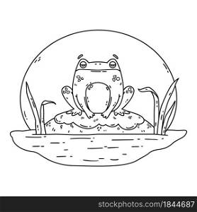 A frog in a swamp. Toad sits on a rock. Cute flat hand drawn character. Vector illustration isolated on white background. Coloring page.