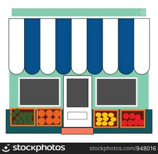 A fruit shop with lot of fresh fruits arranged in front , vector, color drawing or illustration.