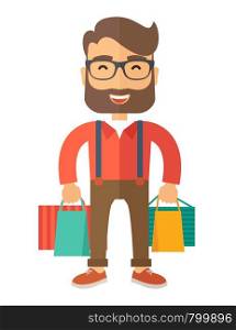 A funny businessman with shopping bags. A contemporary style. Vector flat design illustration with isolated white background. Vertical layout. . Funny businessman with shopping bags