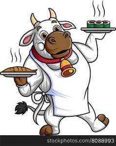 a funny cartoon cow working as a waiter, carrying two plates of fast food of illustration
