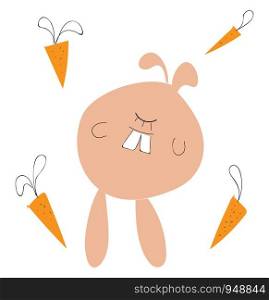 A funny cartoon of a rabbit with single closed eyes and four carrots in the background, vector, color drawing or illustration.