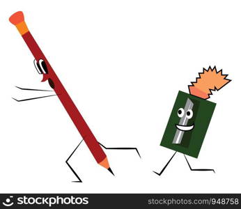 A funny sketch of a pencil and a sharpener, vector, color drawing or illustration.