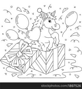 A funny unicorn jumps out of a gift box. Birthday theme. Cute horse. Coloring book page for kids. Cartoon style. Vector illustration isolated on white background.