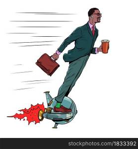 A futuristic black businessman rides an electric unicycle, a man drinks morning coffee. Isolate on a white background. Pop art retro vector illustration kitsch vintage 50s 60s style. A futuristic black businessman rides an electric unicycle, a man drinks morning coffee. Isolate on a white background