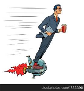 A futuristic businessman rides an electric unicycle, a man drinks morning coffee. Isolate on a white background. Pop art retro vector illustration kitsch vintage 50s 60s style. A futuristic businessman rides an electric unicycle, a man drinks morning coffee. Isolate on a white background
